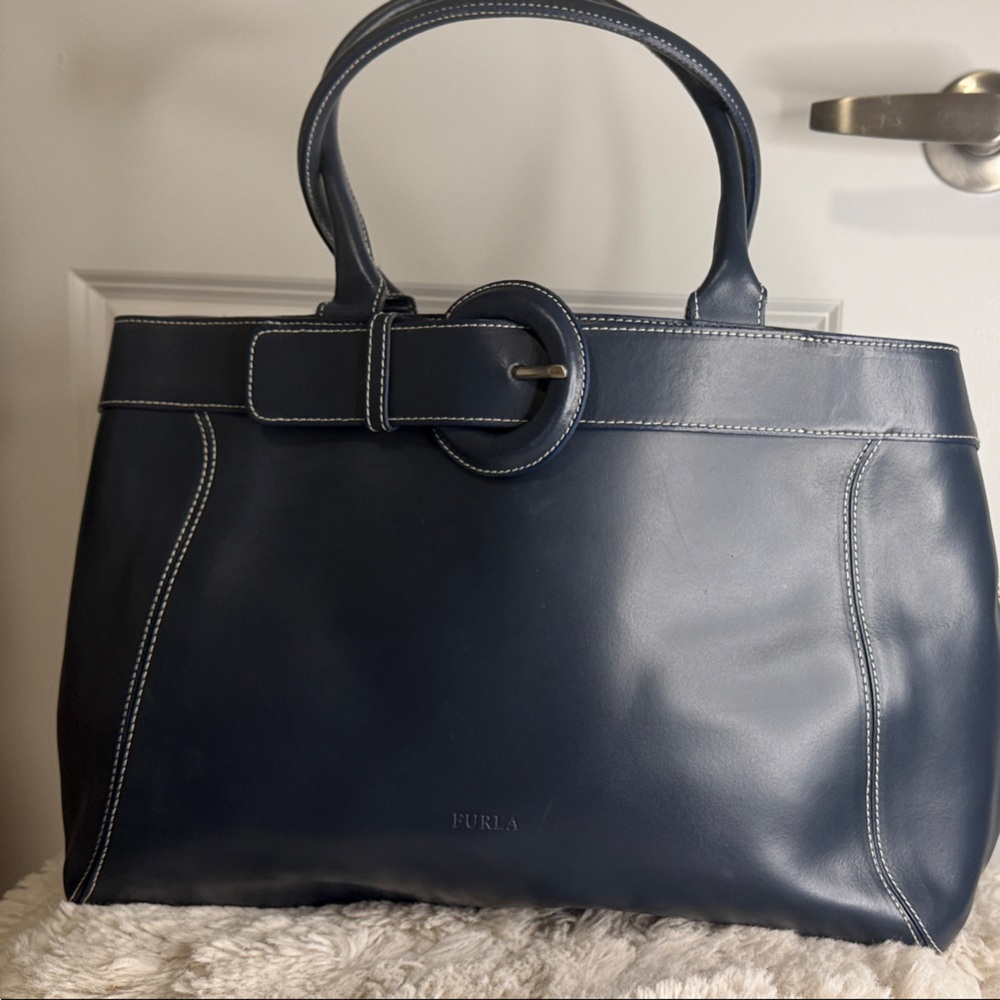 Furla Dark Blue Leather Tote